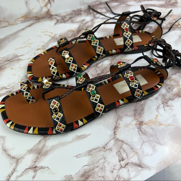 ❣️VALENTINO❣️Stone Embellished Lace Up Ankle Wrap Sandals Size 7 / Size EU 37 - Picture 3 of 13